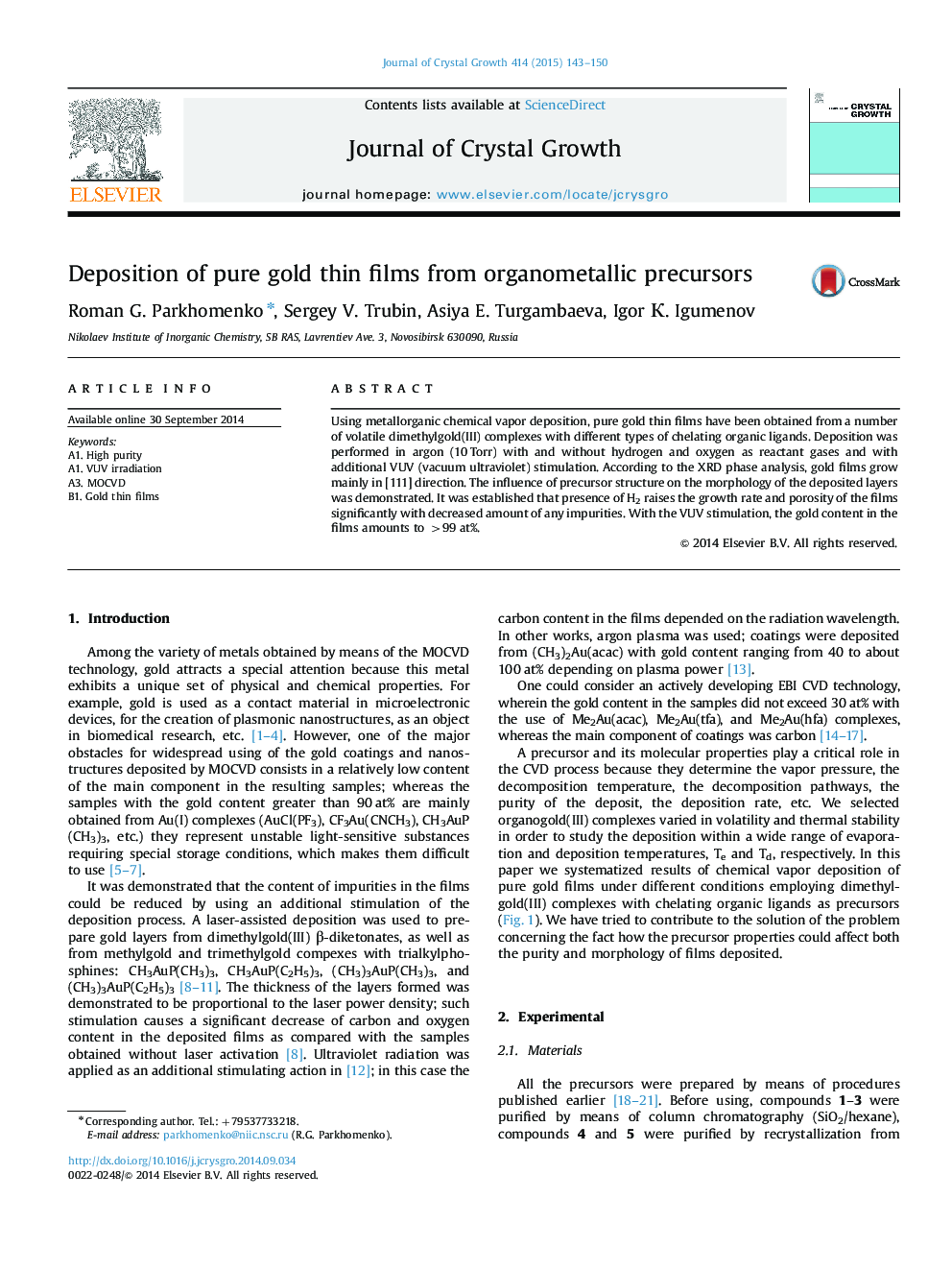 Deposition of pure gold thin films from organometallic precursors