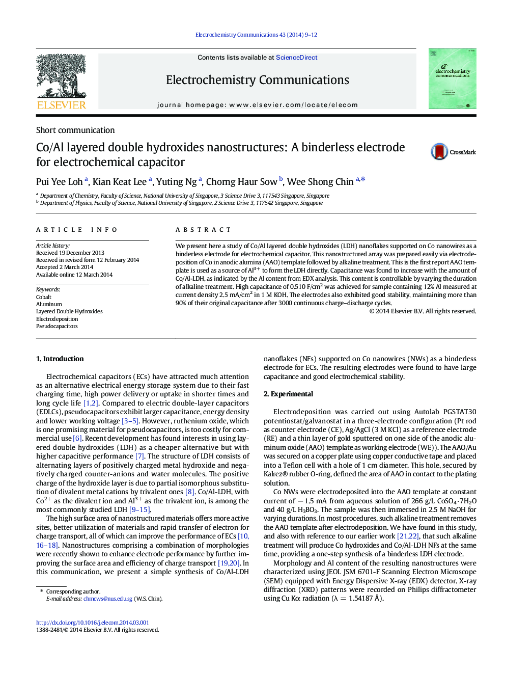 Co/Al layered double hydroxides nanostructures: A binderless electrode for electrochemical capacitor