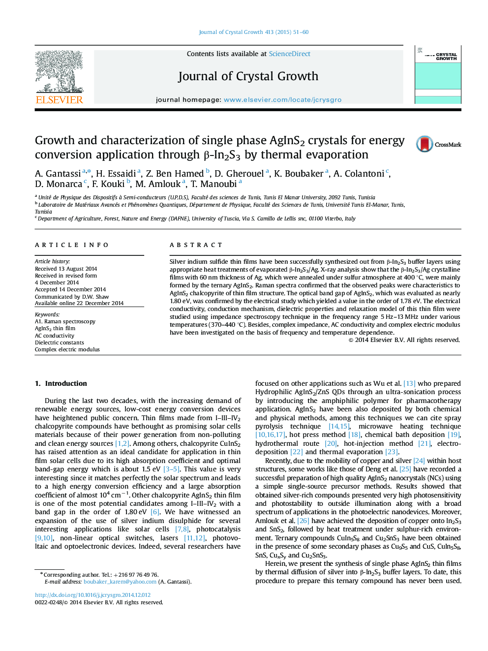 Growth and characterization of single phase AgInS2 crystals for energy conversion application through Î²-In2S3 by thermal evaporation