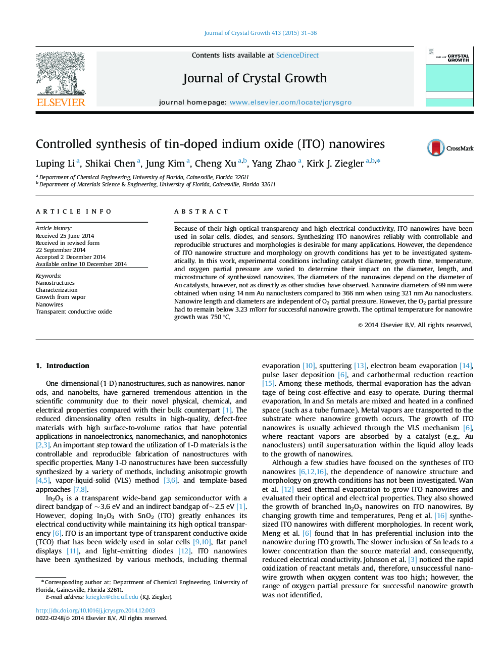 Controlled synthesis of tin-doped indium oxide (ITO) nanowires