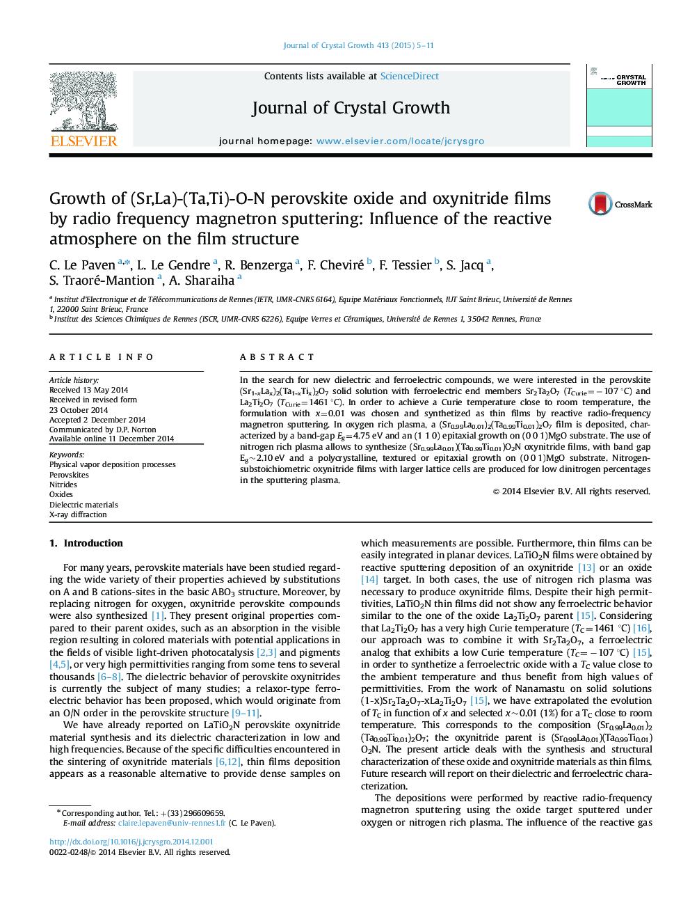 Growth of (Sr,La)-(Ta,Ti)-O-N perovskite oxide and oxynitride films by radio frequency magnetron sputtering: Influence of the reactive atmosphere on the film structure