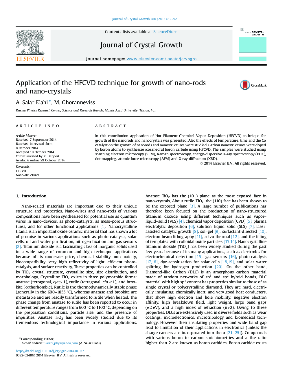 RETRACTED: Application of the HFCVD technique for growth of nano-rods and nano-crystals