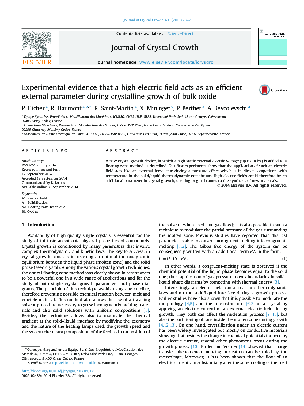 Experimental evidence that a high electric field acts as an efficient external parameter during crystalline growth of bulk oxide