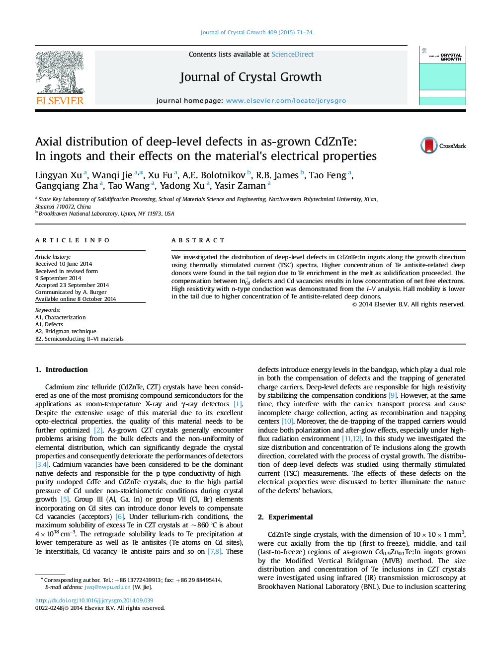 Axial distribution of deep-level defects in as-grown CdZnTe:In ingots and their effects on the material׳s electrical properties