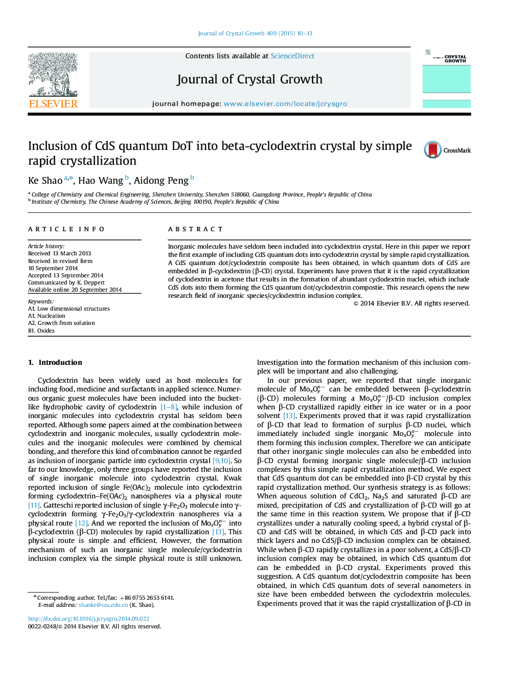 Inclusion of CdS quantum DoT into beta-cyclodextrin crystal by simple rapid crystallization