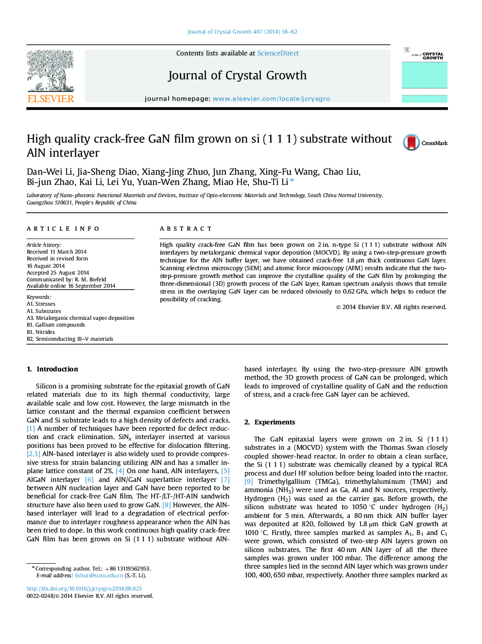 High quality crack-free GaN film grown on si (1 1 1) substrate without AlN interlayer