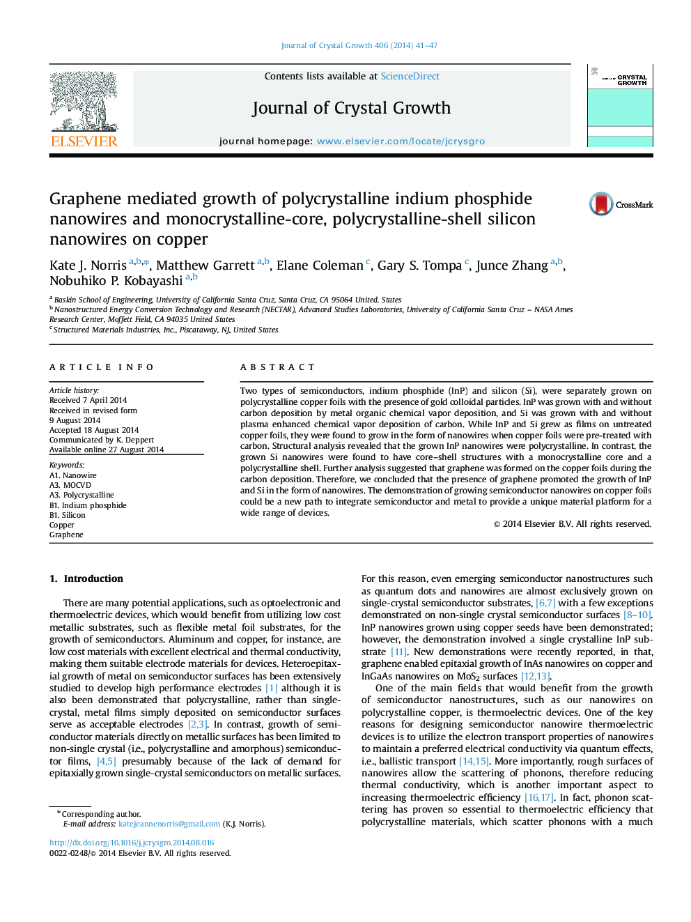 Graphene mediated growth of polycrystalline indium phosphide nanowires and monocrystalline-core, polycrystalline-shell silicon nanowires on copper