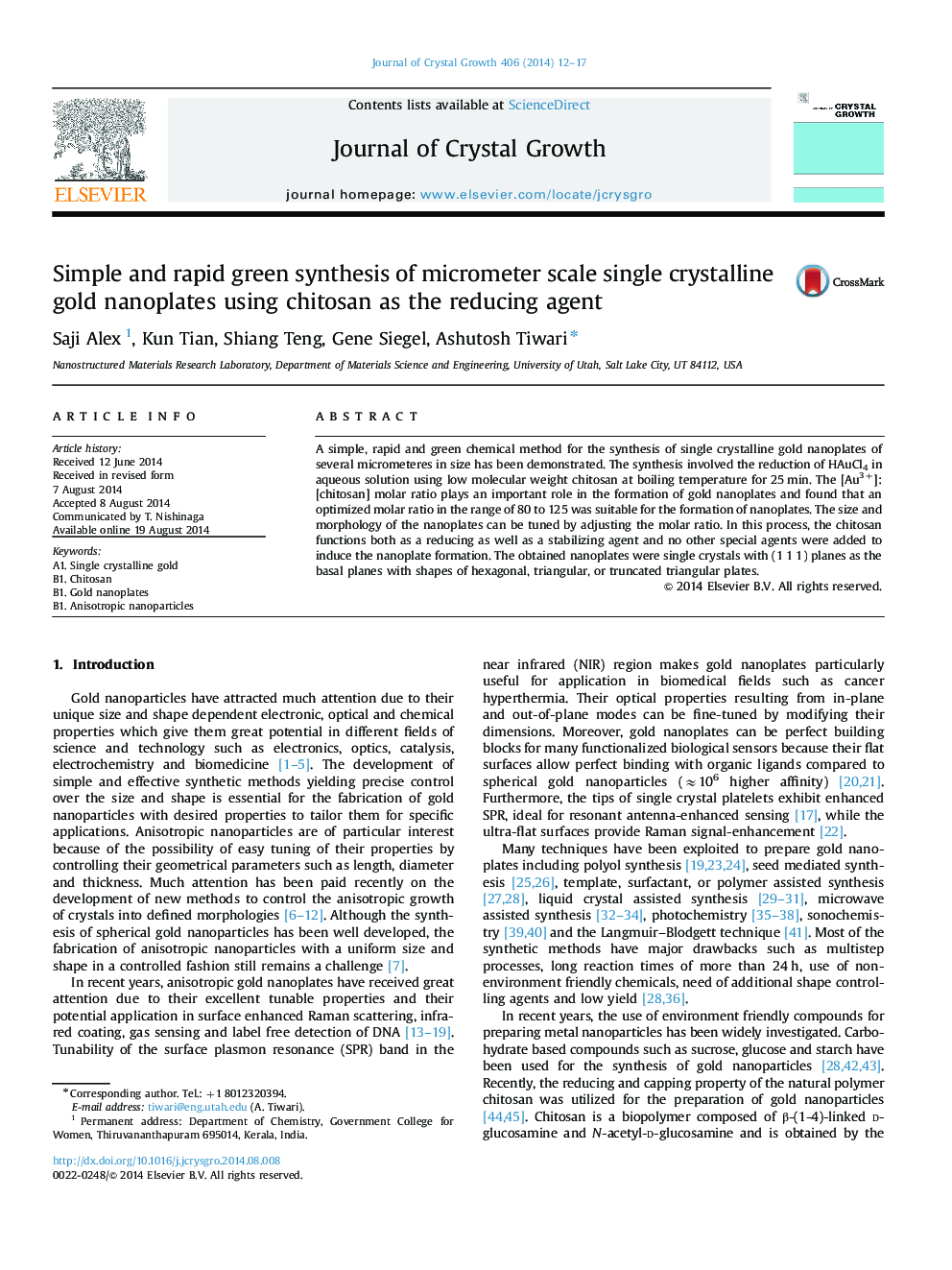 Simple and rapid green synthesis of micrometer scale single crystalline gold nanoplates using chitosan as the reducing agent