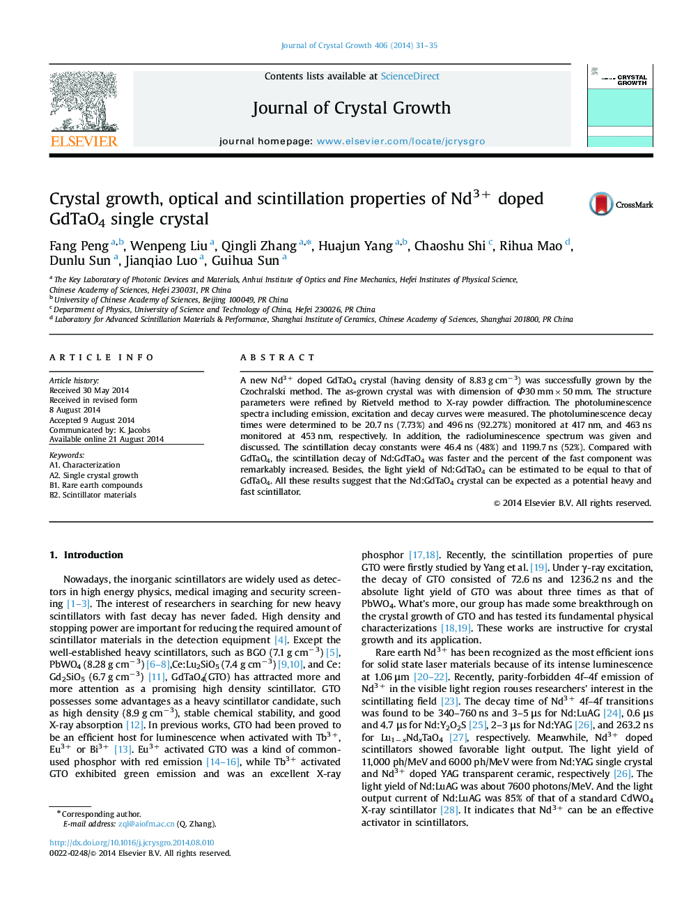 Crystal growth, optical and scintillation properties of Nd3+ doped GdTaO4 single crystal