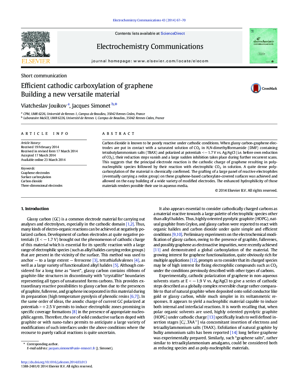 Efficient cathodic carboxylation of graphene: Building a new versatile material