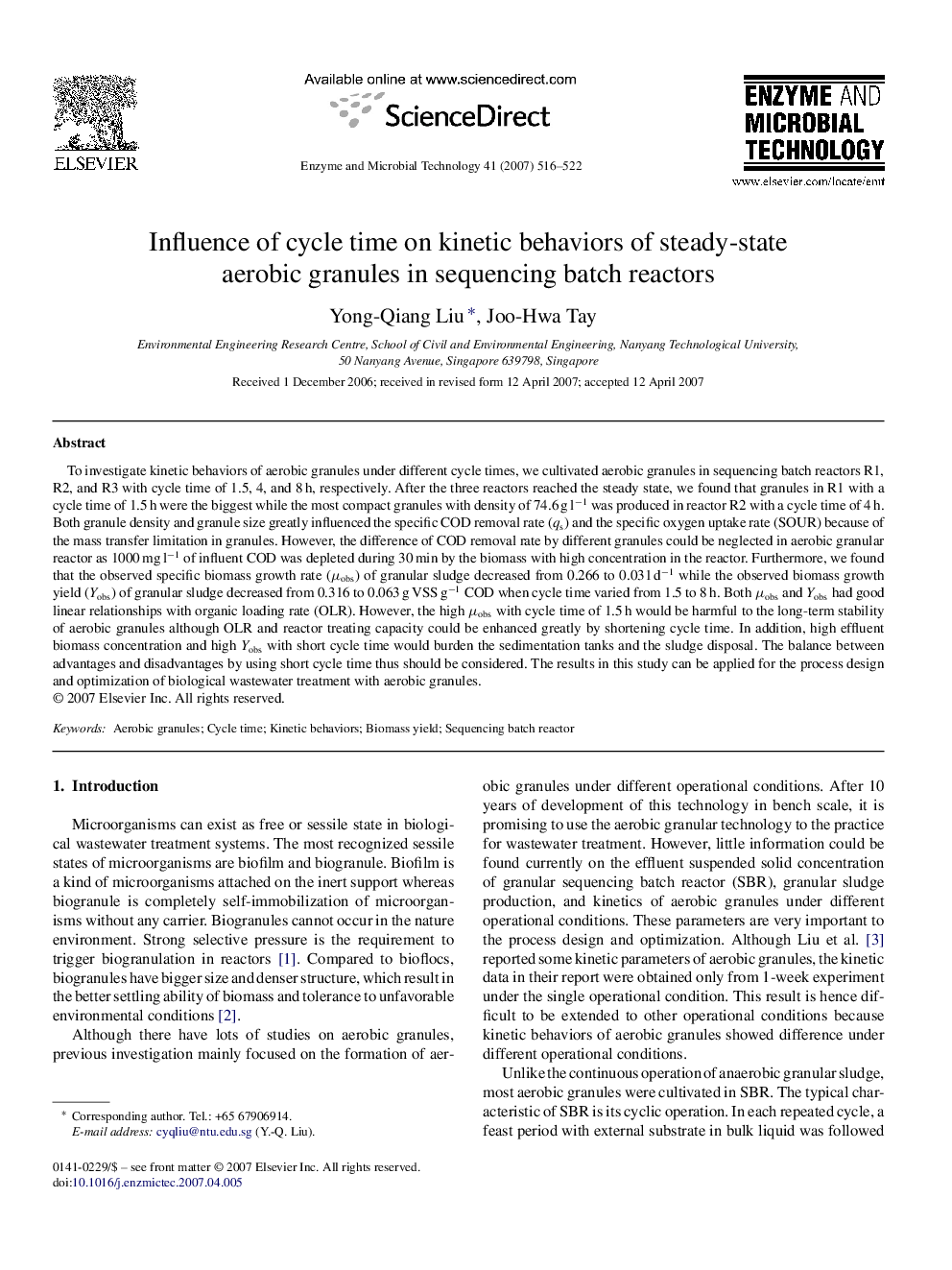 Influence of cycle time on kinetic behaviors of steady-state aerobic granules in sequencing batch reactors