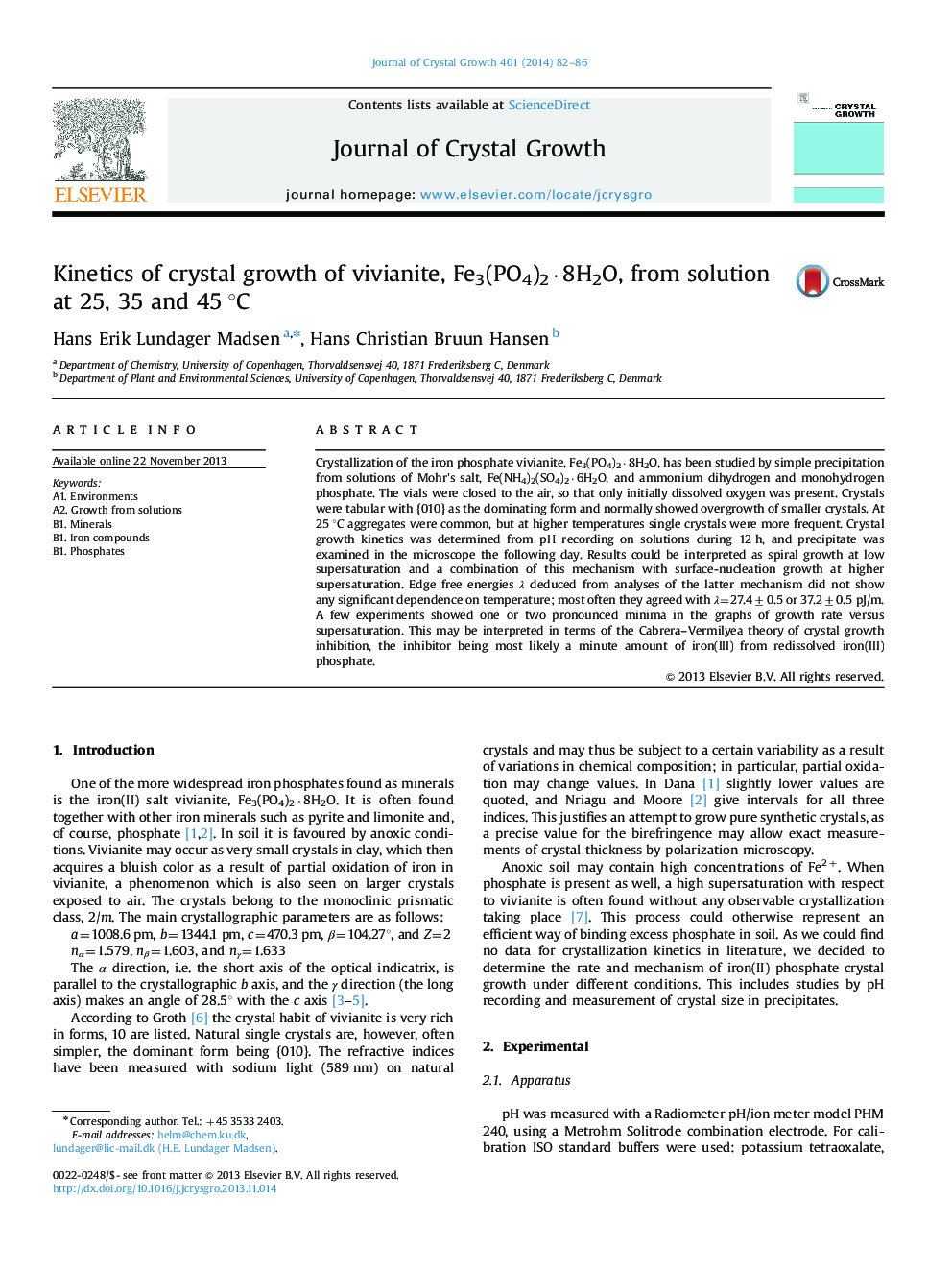 Kinetics of crystal growth of vivianite, Fe3(PO4)2·8H2O, from solution at 25, 35 and 45 °C