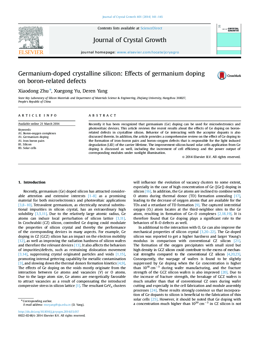 Germanium-doped crystalline silicon: Effects of germanium doping on boron-related defects