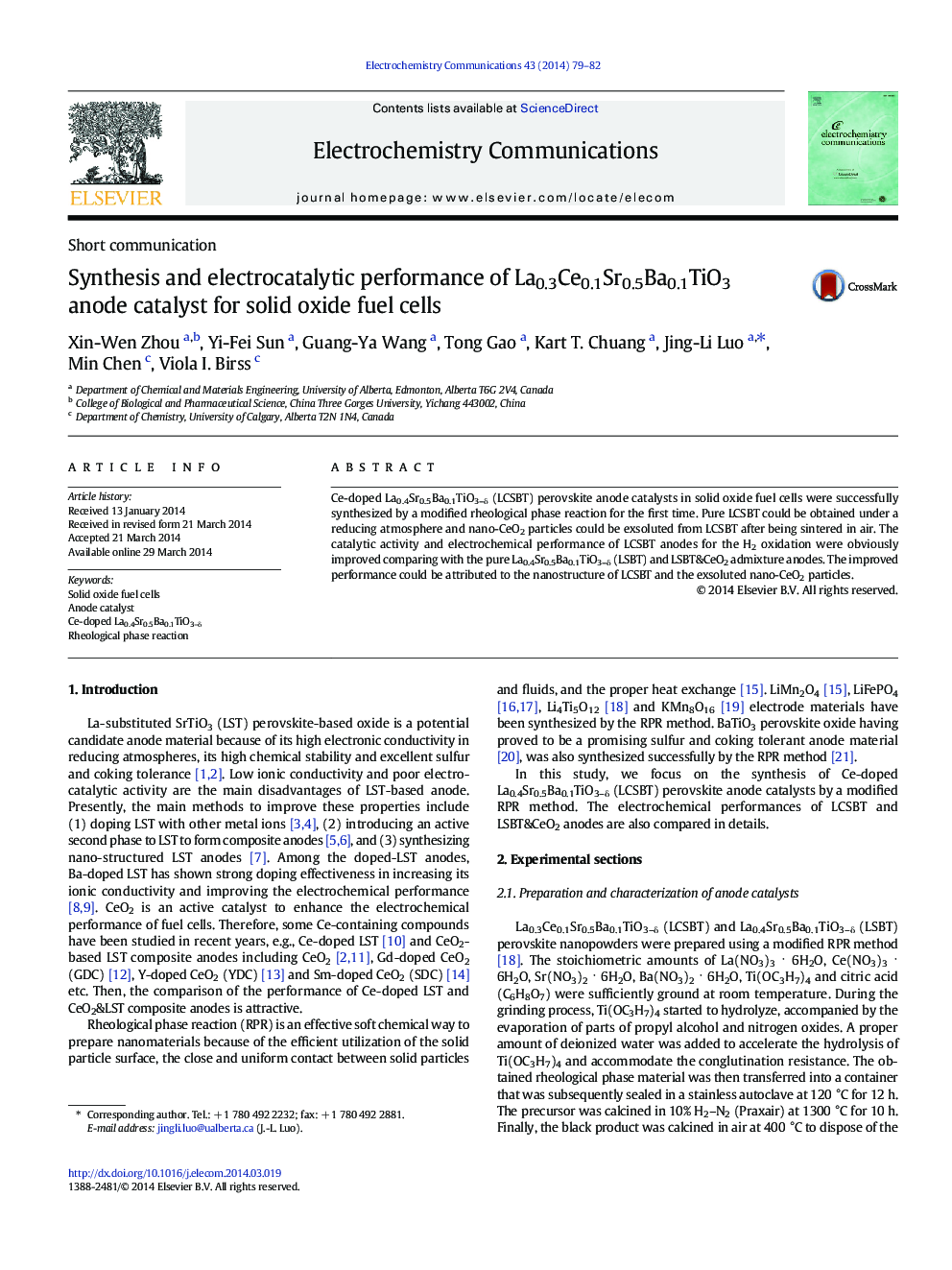 Synthesis and electrocatalytic performance of La0.3Ce0.1Sr0.5Ba0.1TiO3 anode catalyst for solid oxide fuel cells