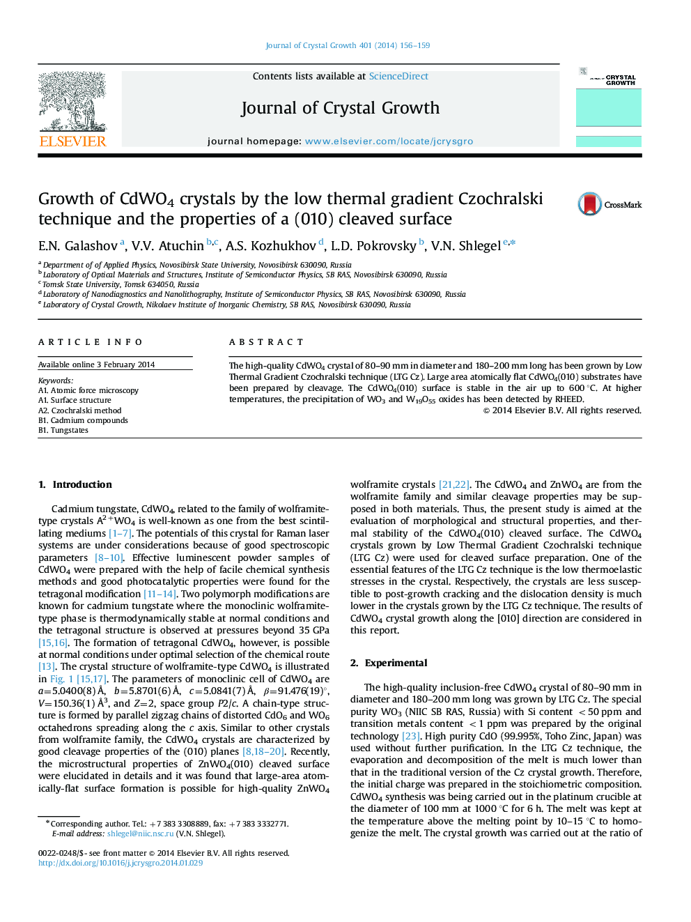 Growth of CdWO4 crystals by the low thermal gradient Czochralski technique and the properties of a (010) cleaved surface