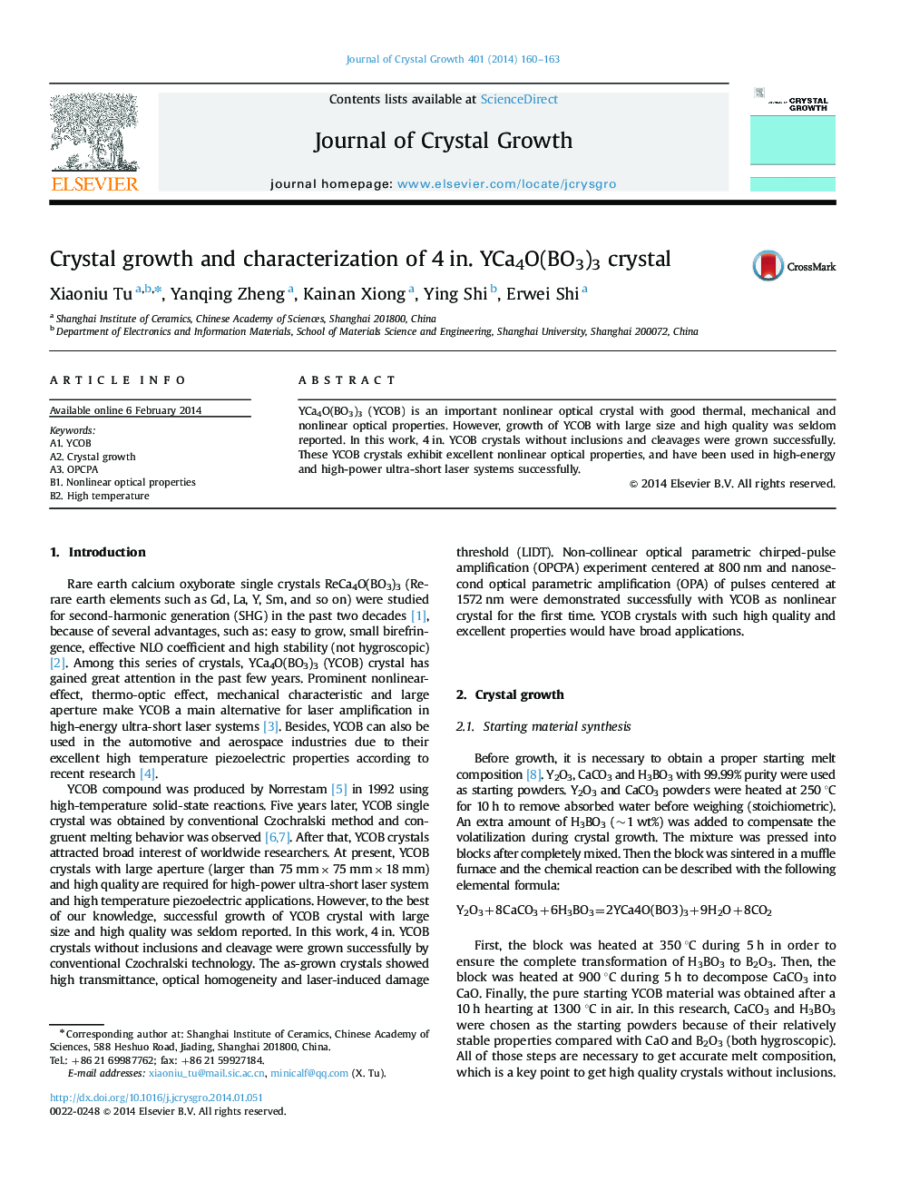 Crystal growth and characterization of 4 in. YCa4O(BO3)3 crystal