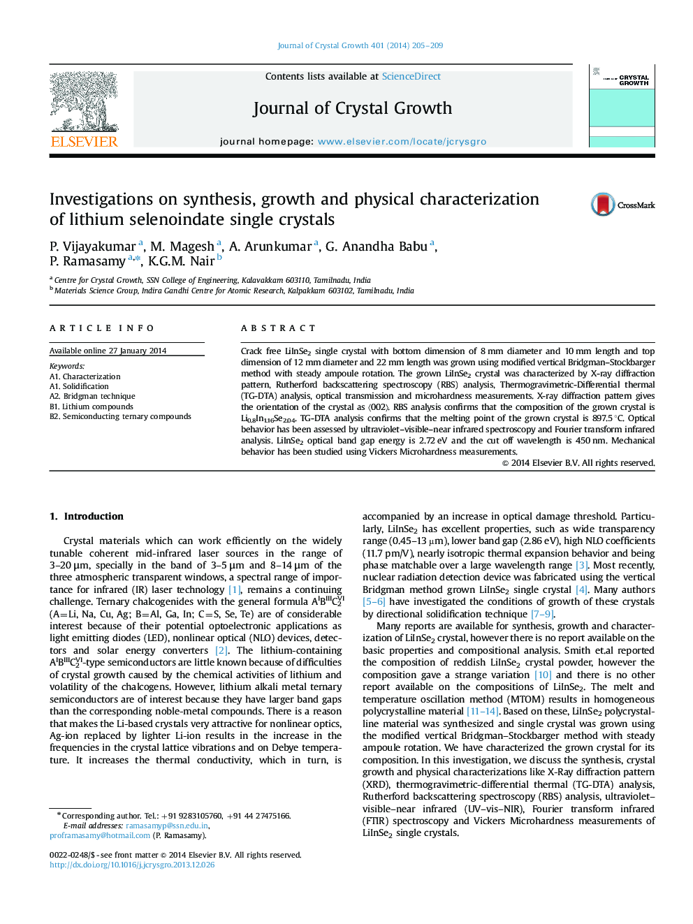 Investigations on synthesis, growth and physical characterization of lithium selenoindate single crystals