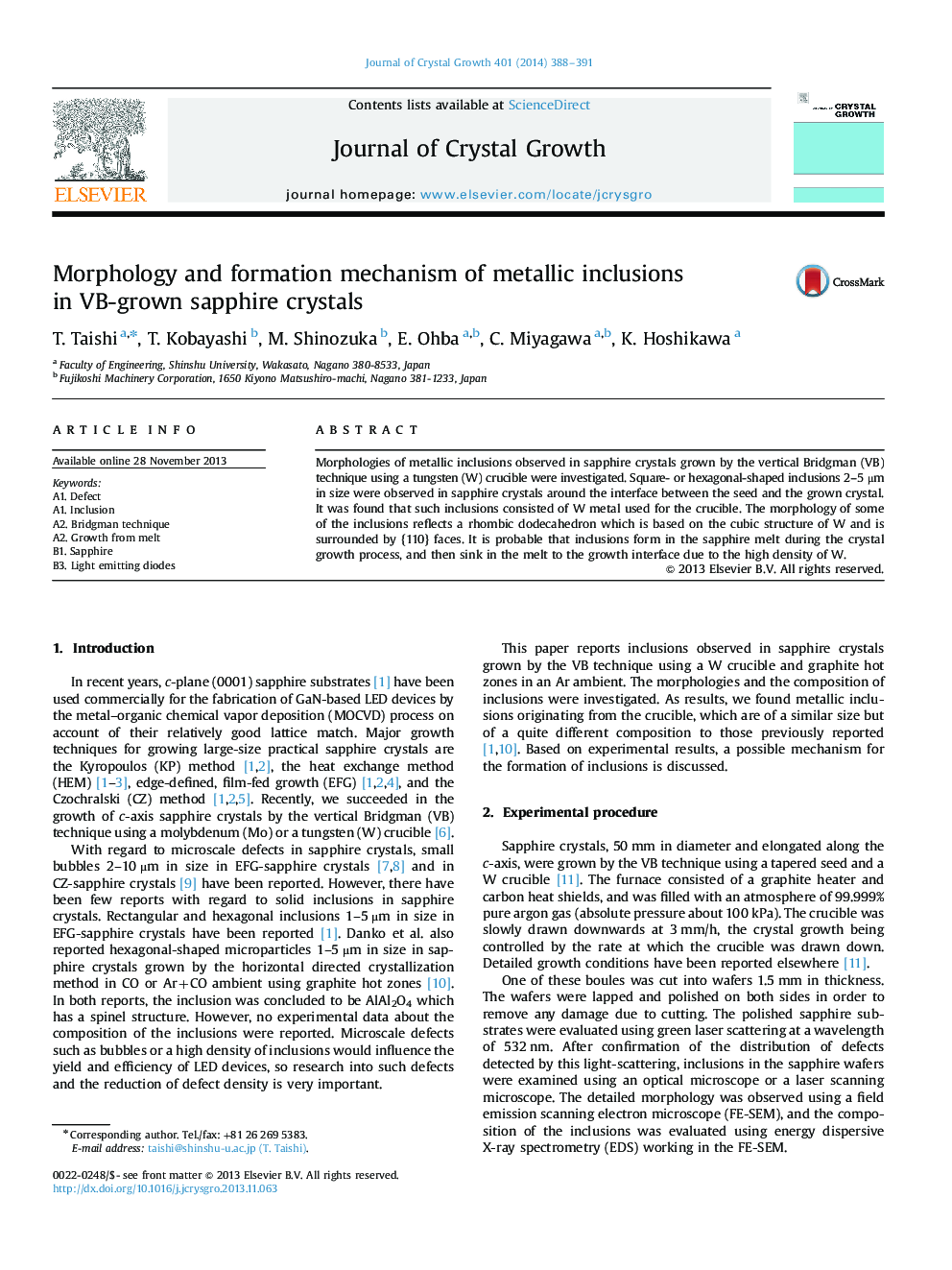 Morphology and formation mechanism of metallic inclusions in VB-grown sapphire crystals