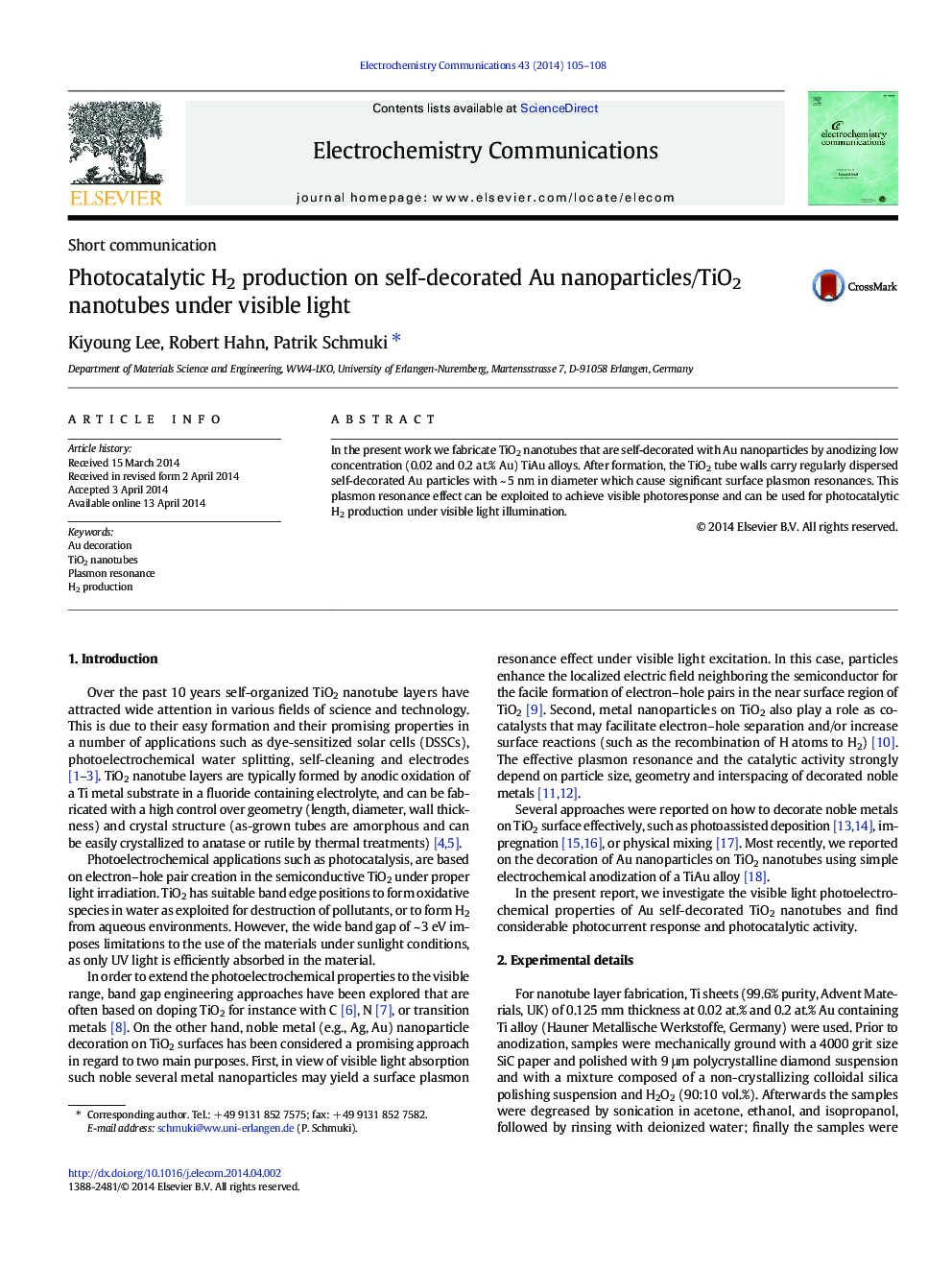 Photocatalytic H2 production on self-decorated Au nanoparticles/TiO2 nanotubes under visible light