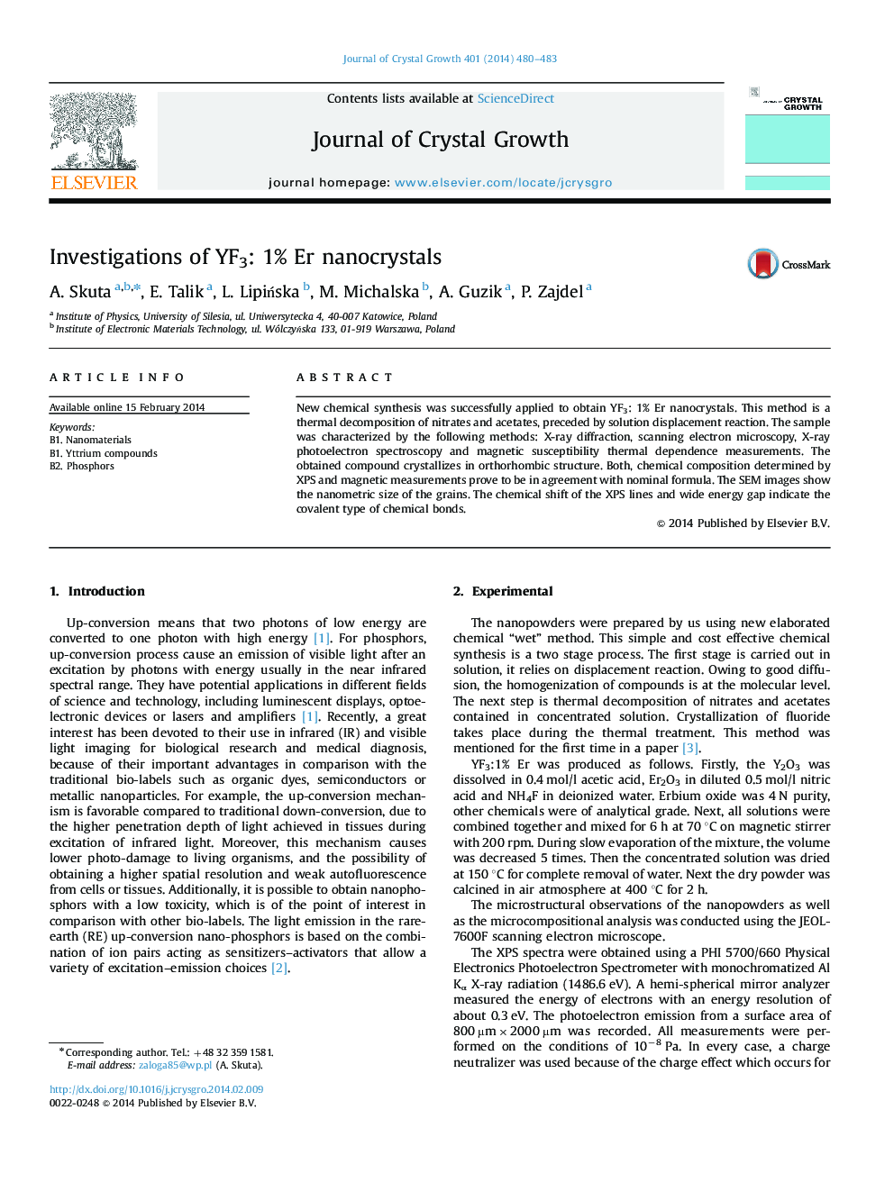 Investigations of YF3: 1% Er nanocrystals