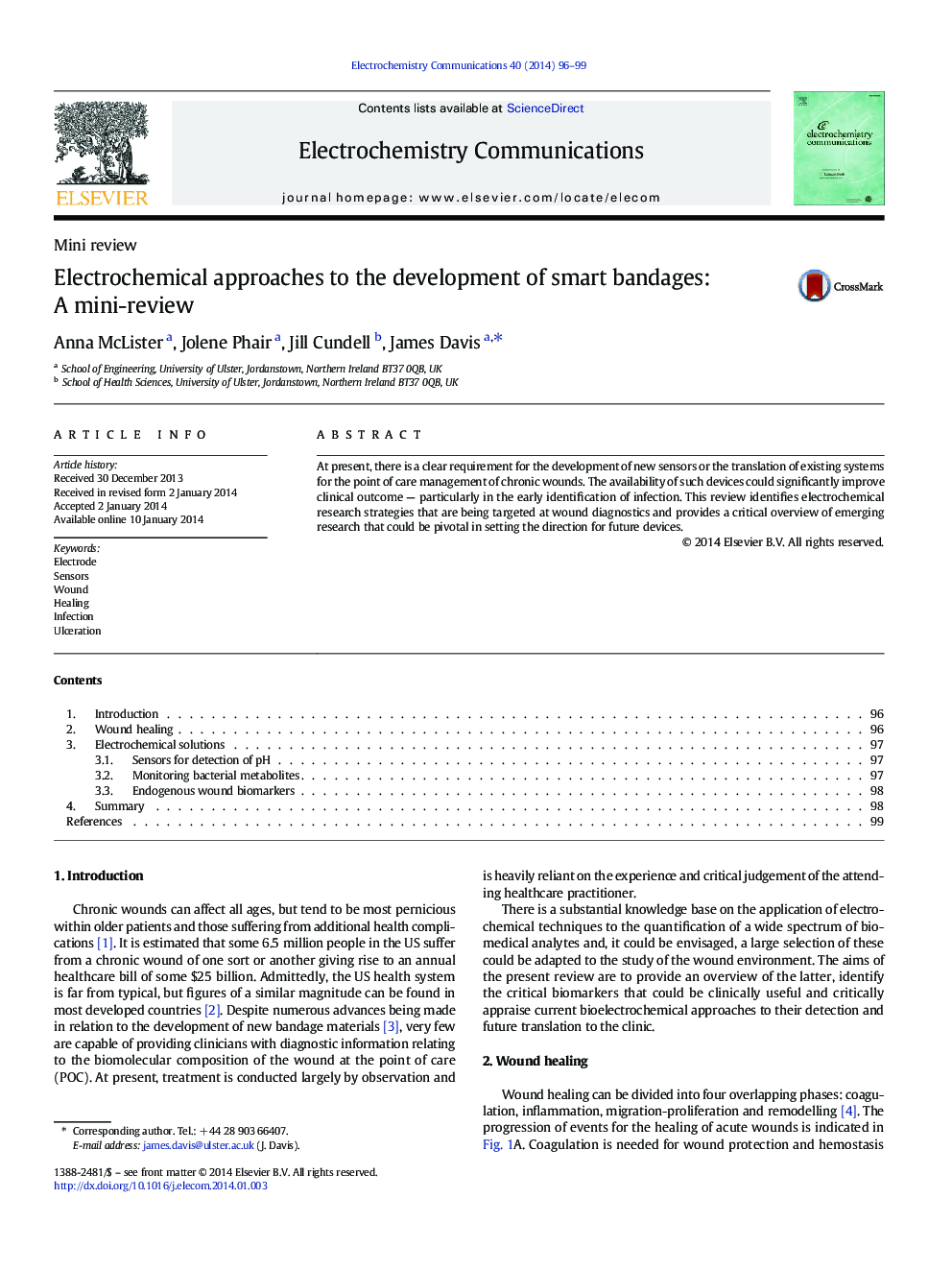 Electrochemical approaches to the development of smart bandages: A mini-review