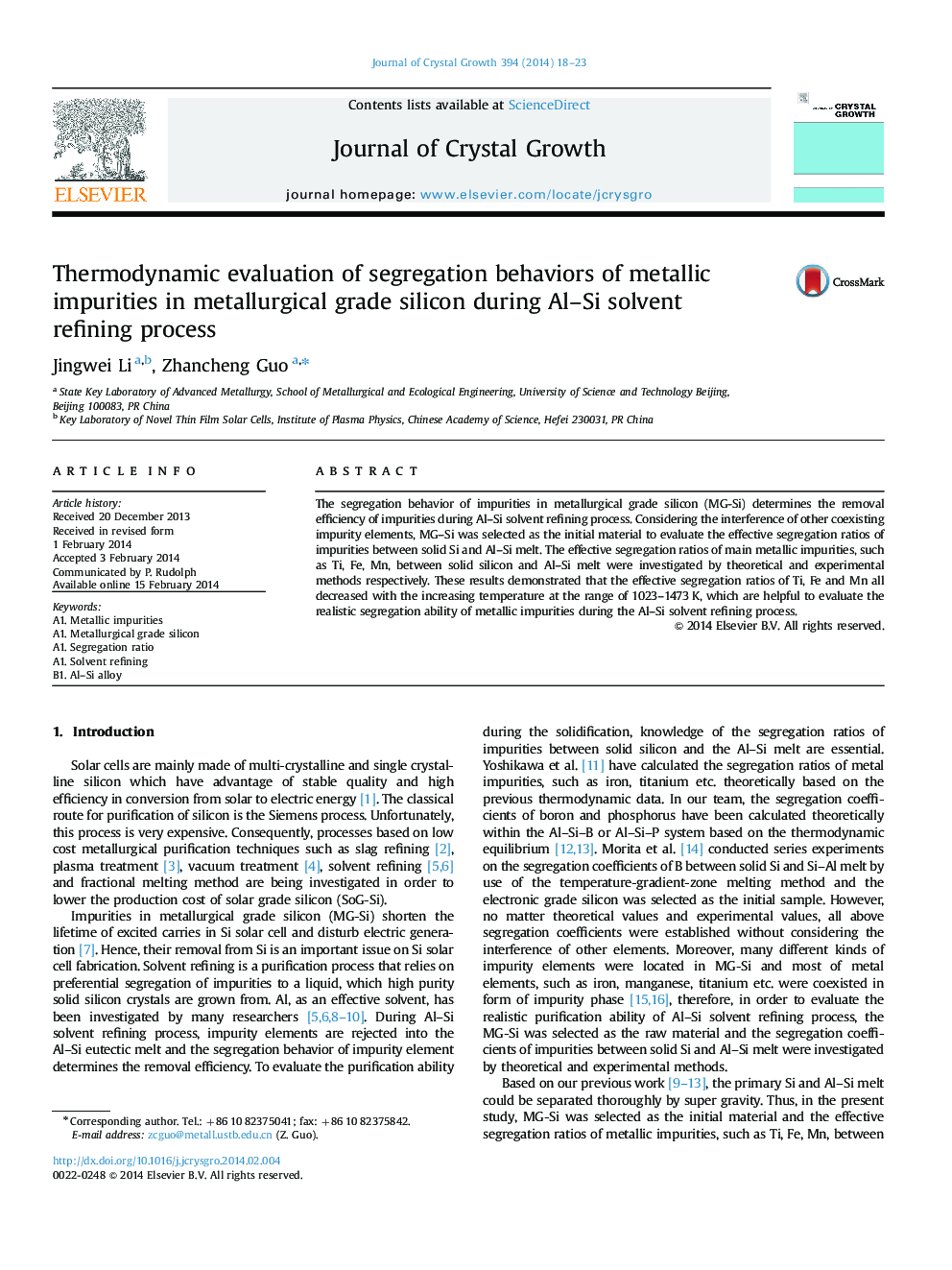 Thermodynamic evaluation of segregation behaviors of metallic impurities in metallurgical grade silicon during AlSi solvent refining process