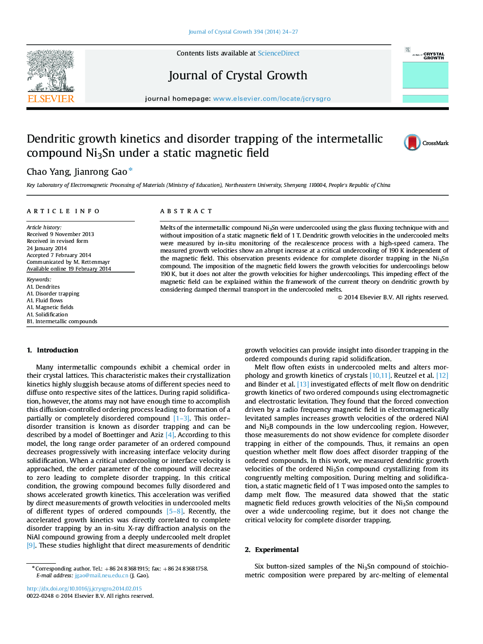 Dendritic growth kinetics and disorder trapping of the intermetallic compound Ni3Sn under a static magnetic field