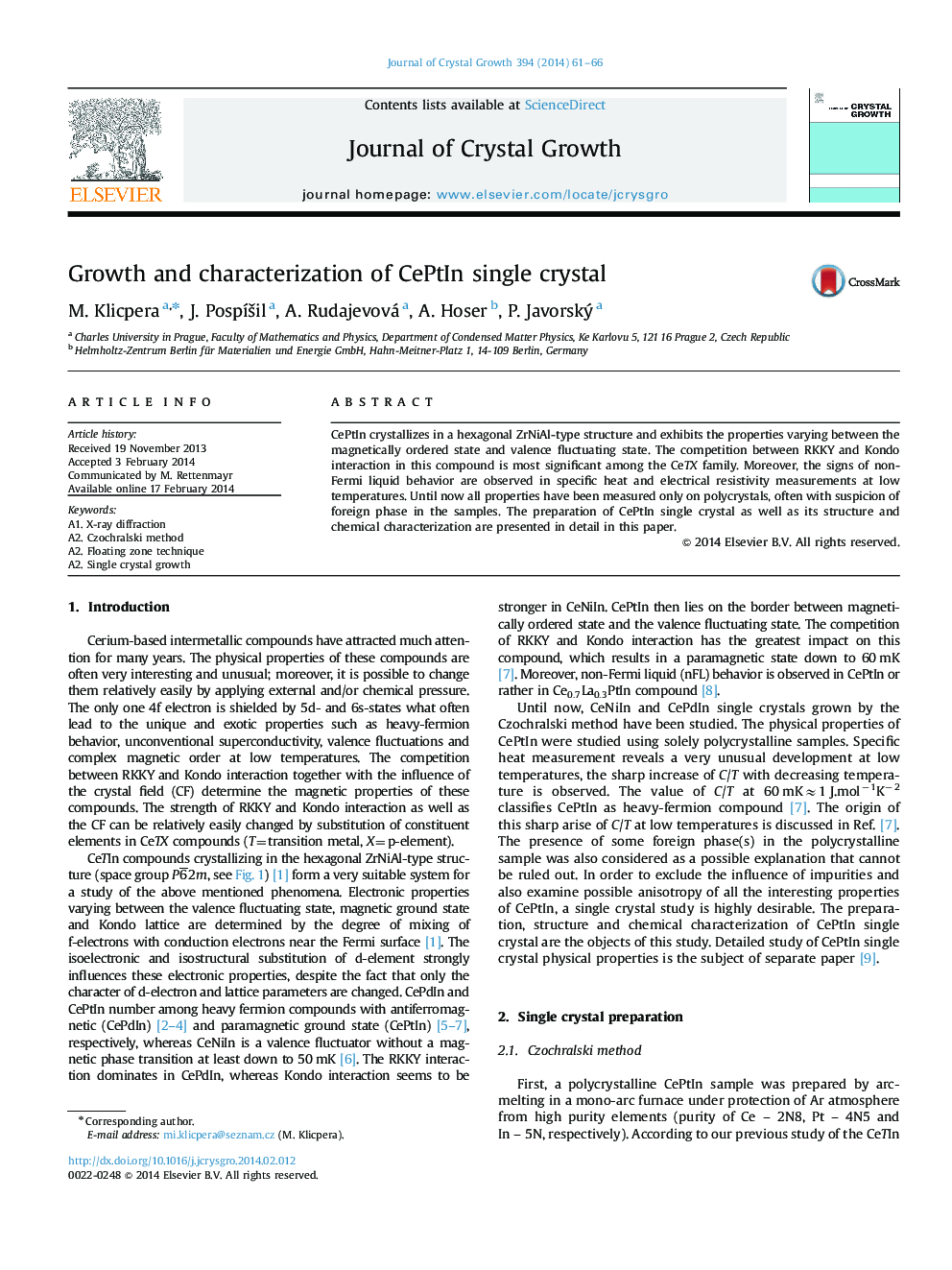 Growth and characterization of CePtIn single crystal