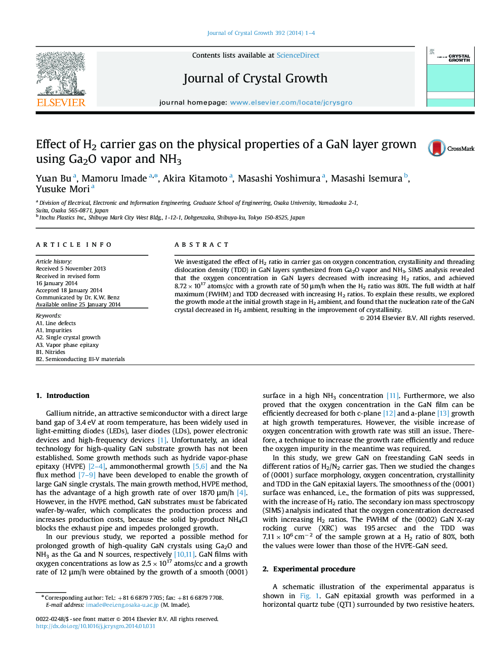 Effect of H2 carrier gas on the physical properties of a GaN layer grown using Ga2O vapor and NH3