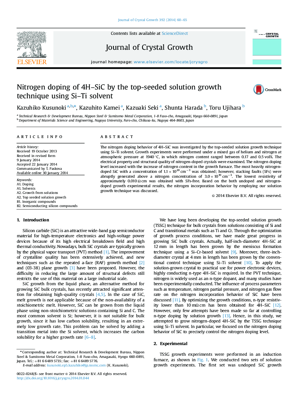 Nitrogen doping of 4H–SiC by the top-seeded solution growth technique using Si–Ti solvent