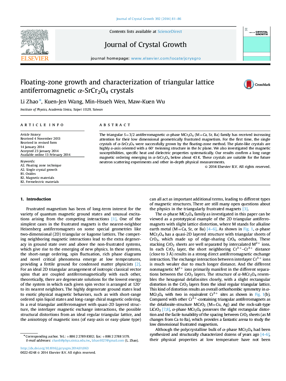 Floating-zone growth and characterization of triangular lattice antiferromagnetic Î±-SrCr2O4 crystals