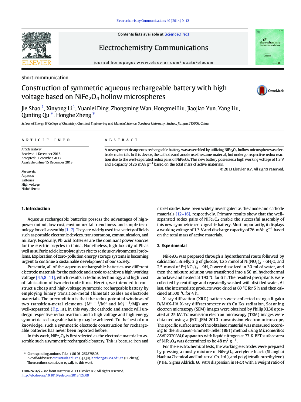 Construction of symmetric aqueous rechargeable battery with high voltage based on NiFe2O4 hollow microspheres