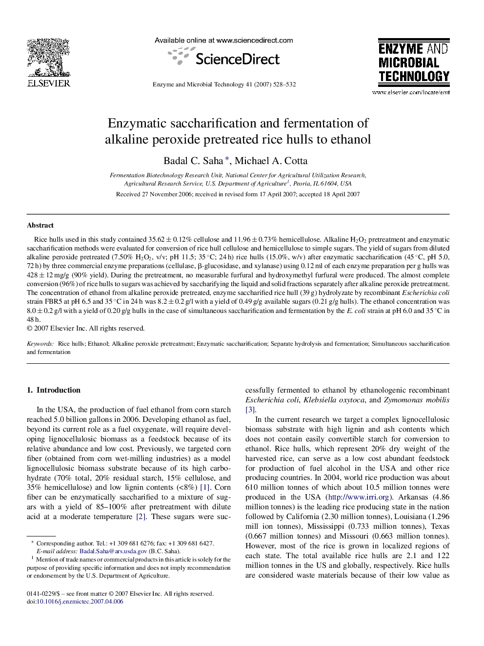 عکس صفحه اول مقاله: Enzymatic saccharification and fermentation of alkaline peroxide pretreated rice hulls to ethanol Enzymatic saccharification and fermentation of alkaline peroxide pretreated rice hulls to ethanol