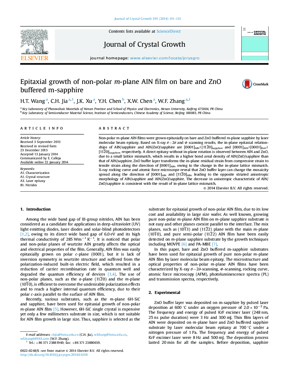 Epitaxial growth of non-polar m-plane AlN film on bare and ZnO buffered m-sapphire