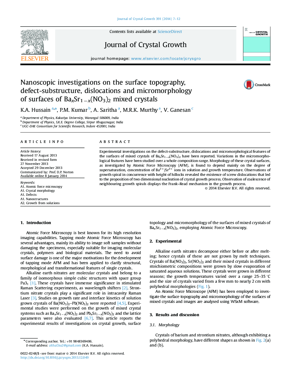 Nanoscopic investigations on the surface topography, defect-substructure, dislocations and micromorphology of surfaces of BaxSr1âx(NO3)2 mixed crystals