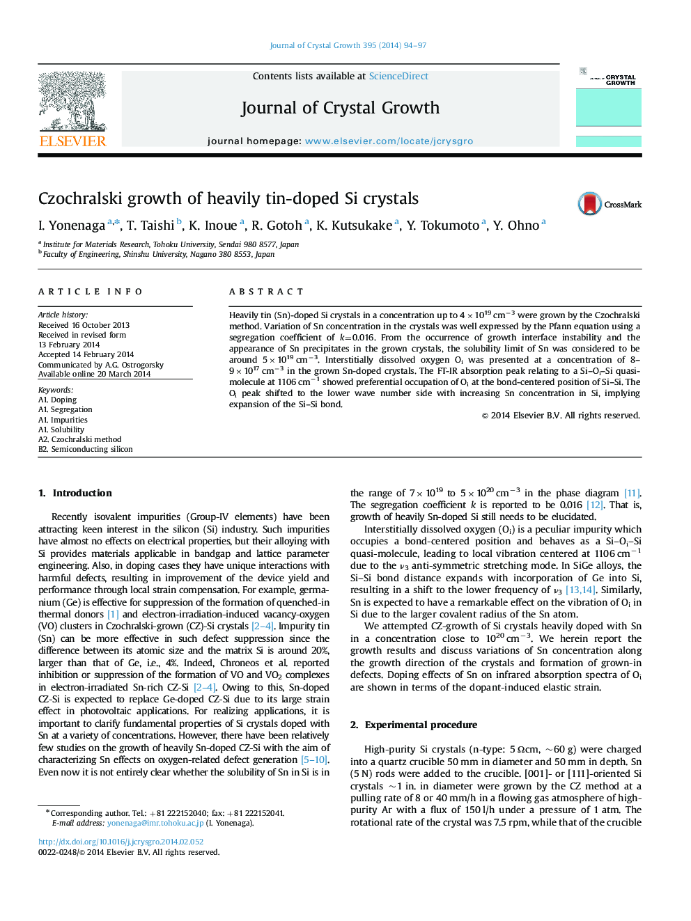 Czochralski growth of heavily tin-doped Si crystals