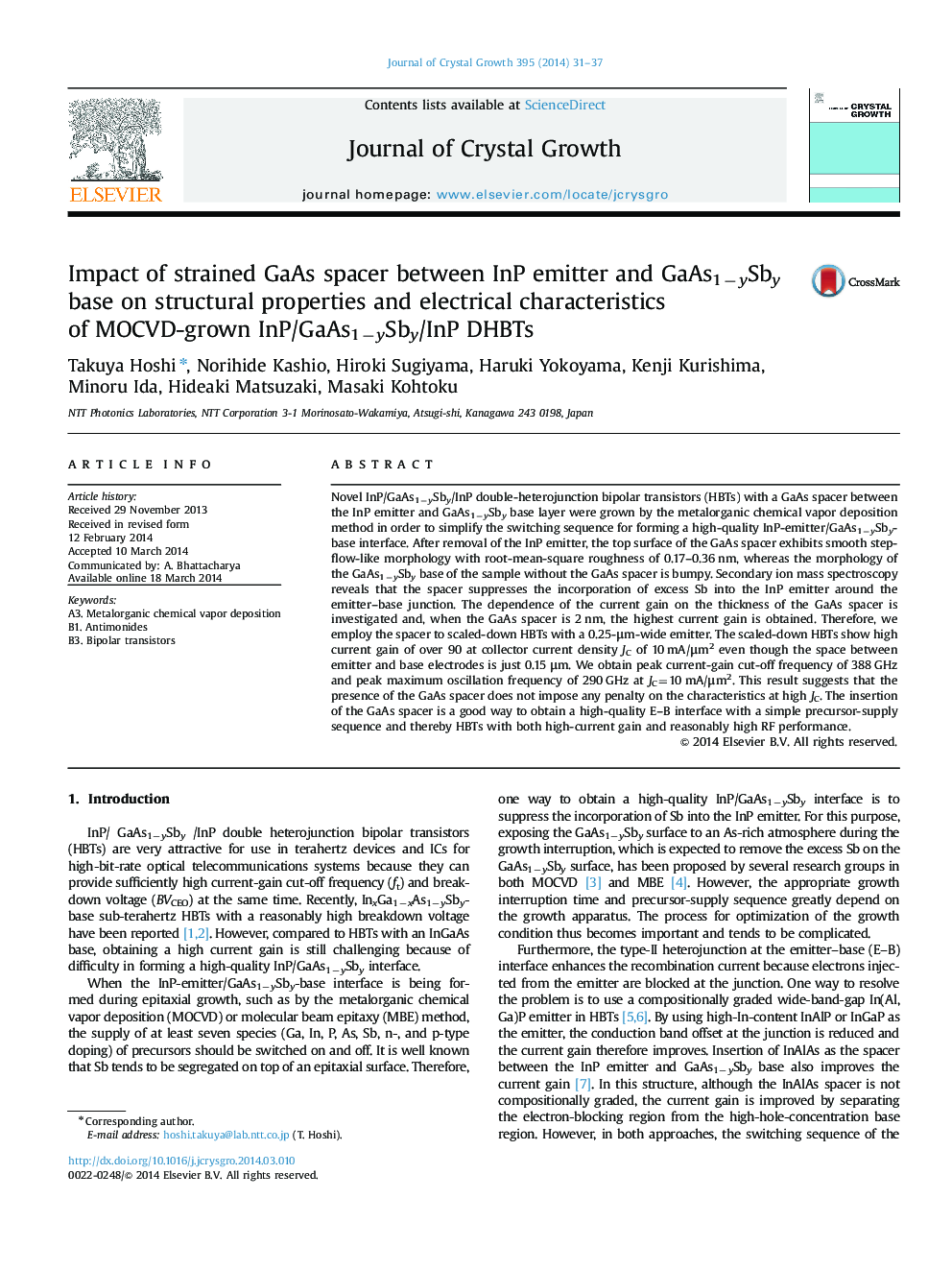 Impact of strained GaAs spacer between InP emitter and GaAs1−ySby base on structural properties and electrical characteristics of MOCVD-grown InP/GaAs1−ySby/InP DHBTs