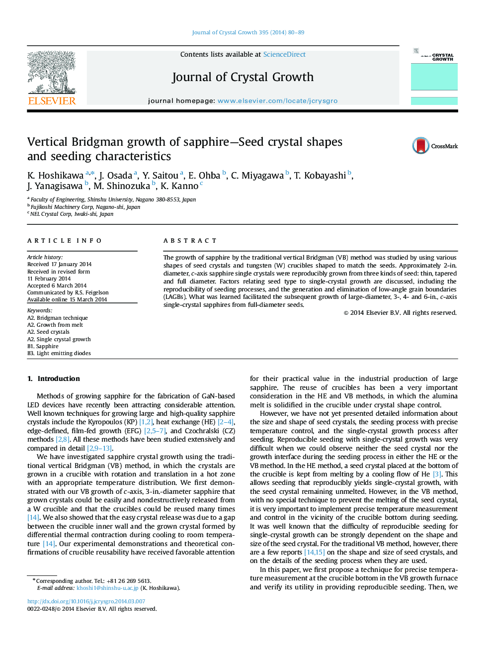 Vertical Bridgman growth of sapphire—Seed crystal shapes and seeding characteristics