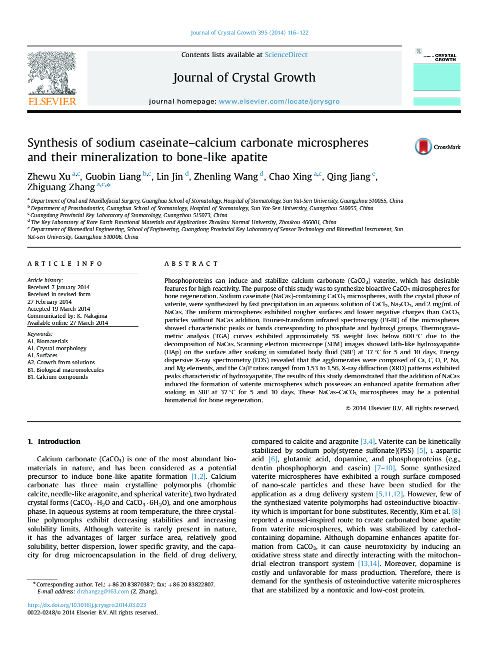 Synthesis of sodium caseinate–calcium carbonate microspheres and their mineralization to bone-like apatite