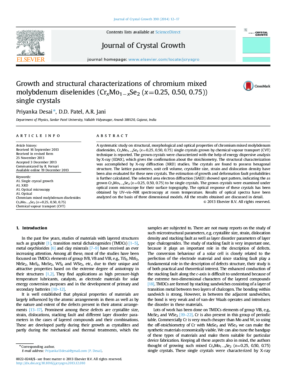 Growth and structural characterizations of chromium mixed molybdenum diselenides (CrxMo1−xSe2 (x=0.25, 0.50, 0.75)) single crystals