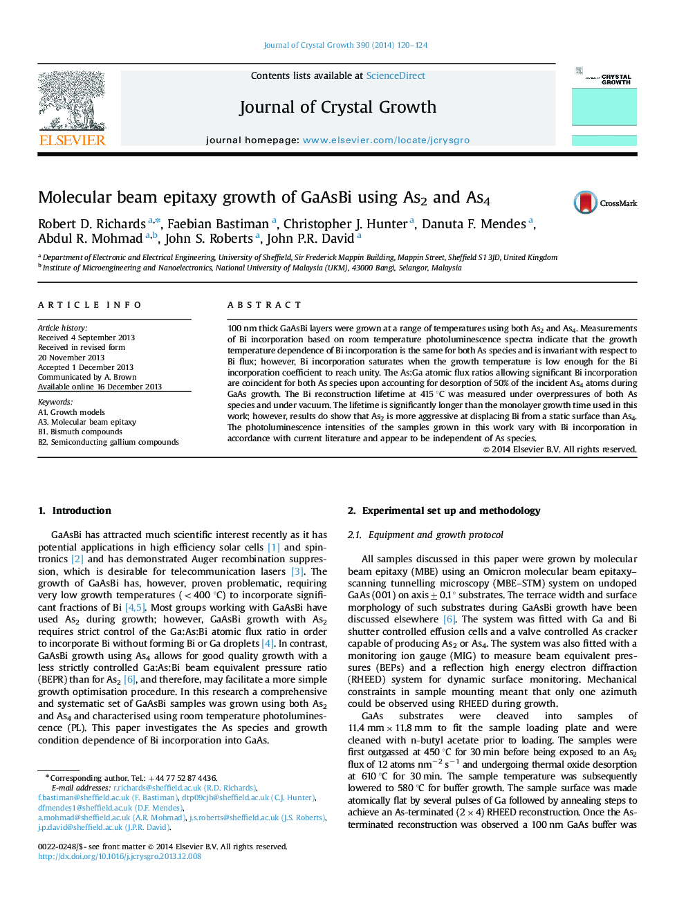 Molecular beam epitaxy growth of GaAsBi using As2 and As4