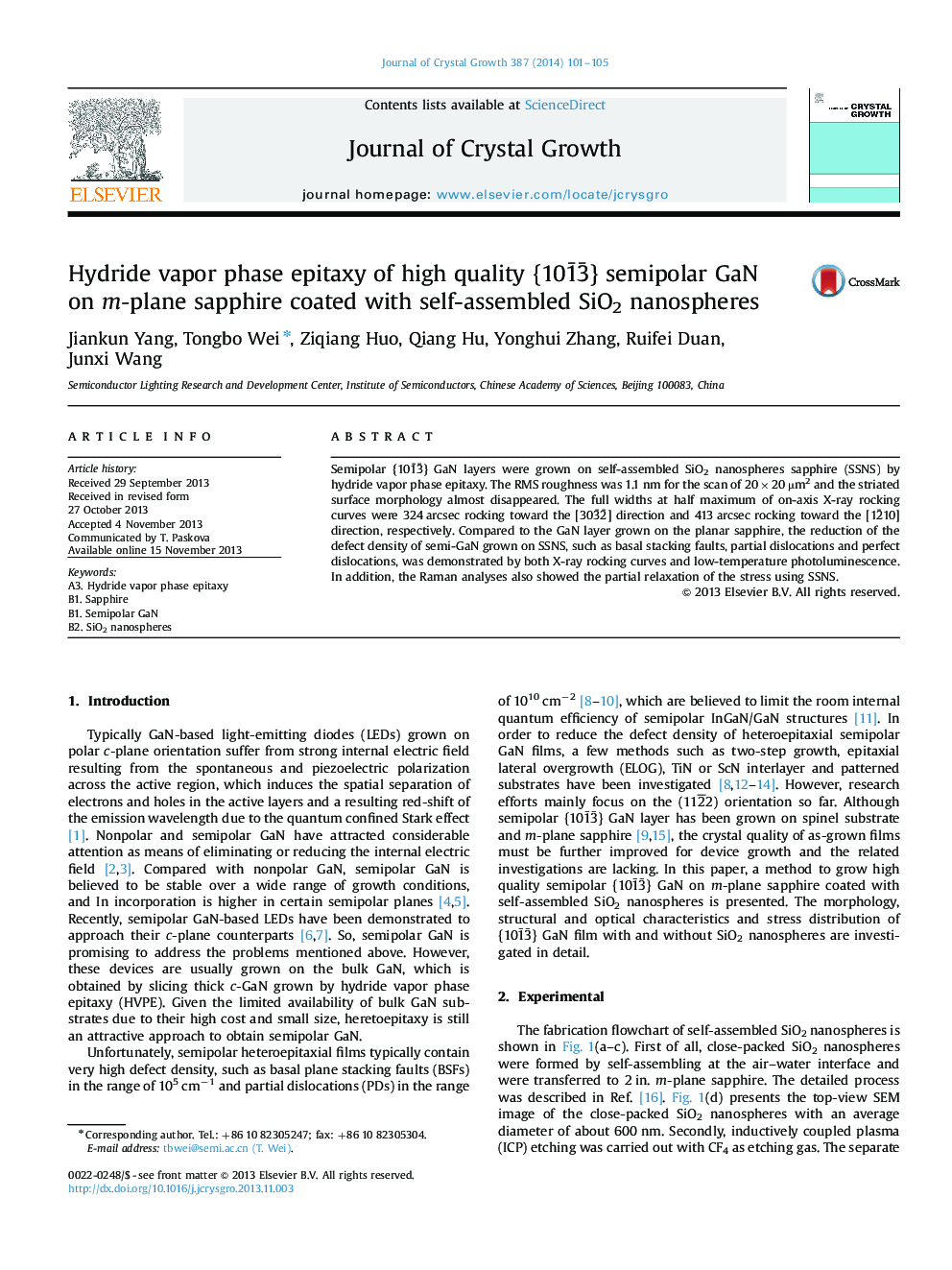 Hydride vapor phase epitaxy of high quality {101̄3̄} semipolar GaN on m-plane sapphire coated with self-assembled SiO2 nanospheres