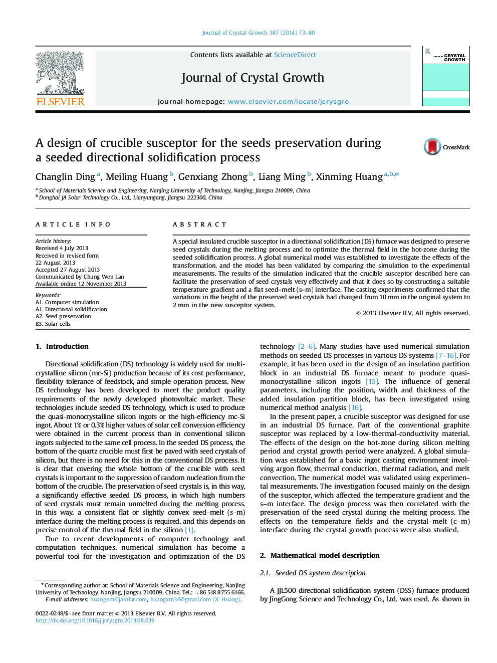 A design of crucible susceptor for the seeds preservation during a seeded directional solidification process