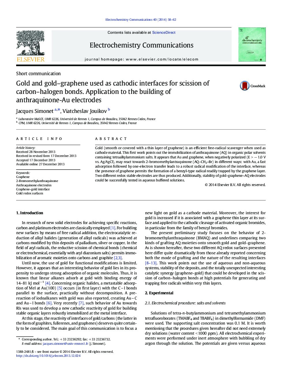 Gold and gold–graphene used as cathodic interfaces for scission of carbon–halogen bonds. Application to the building of anthraquinone-Au electrodes