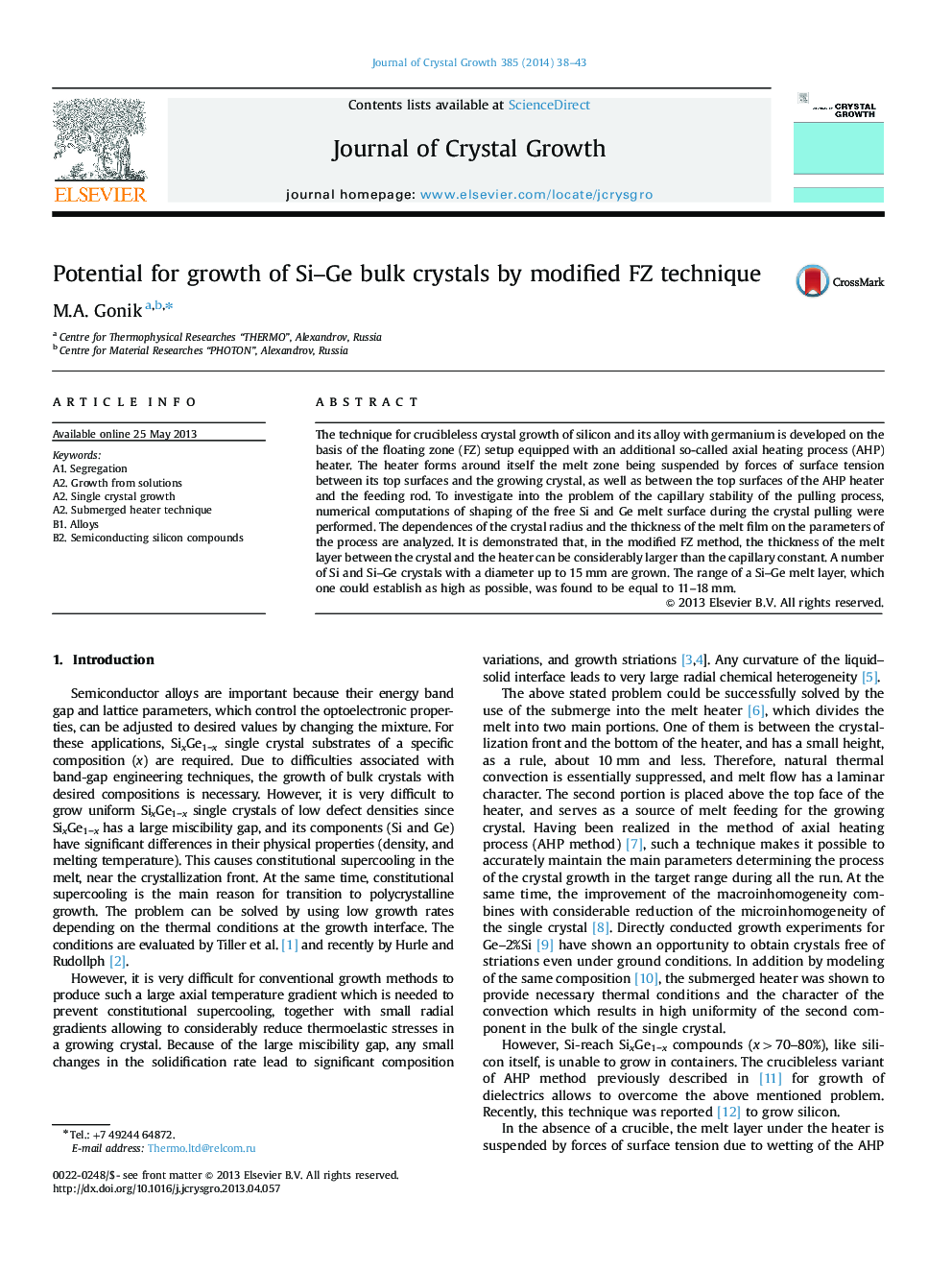 Potential for growth of Si-Ge bulk crystals by modified FZ technique