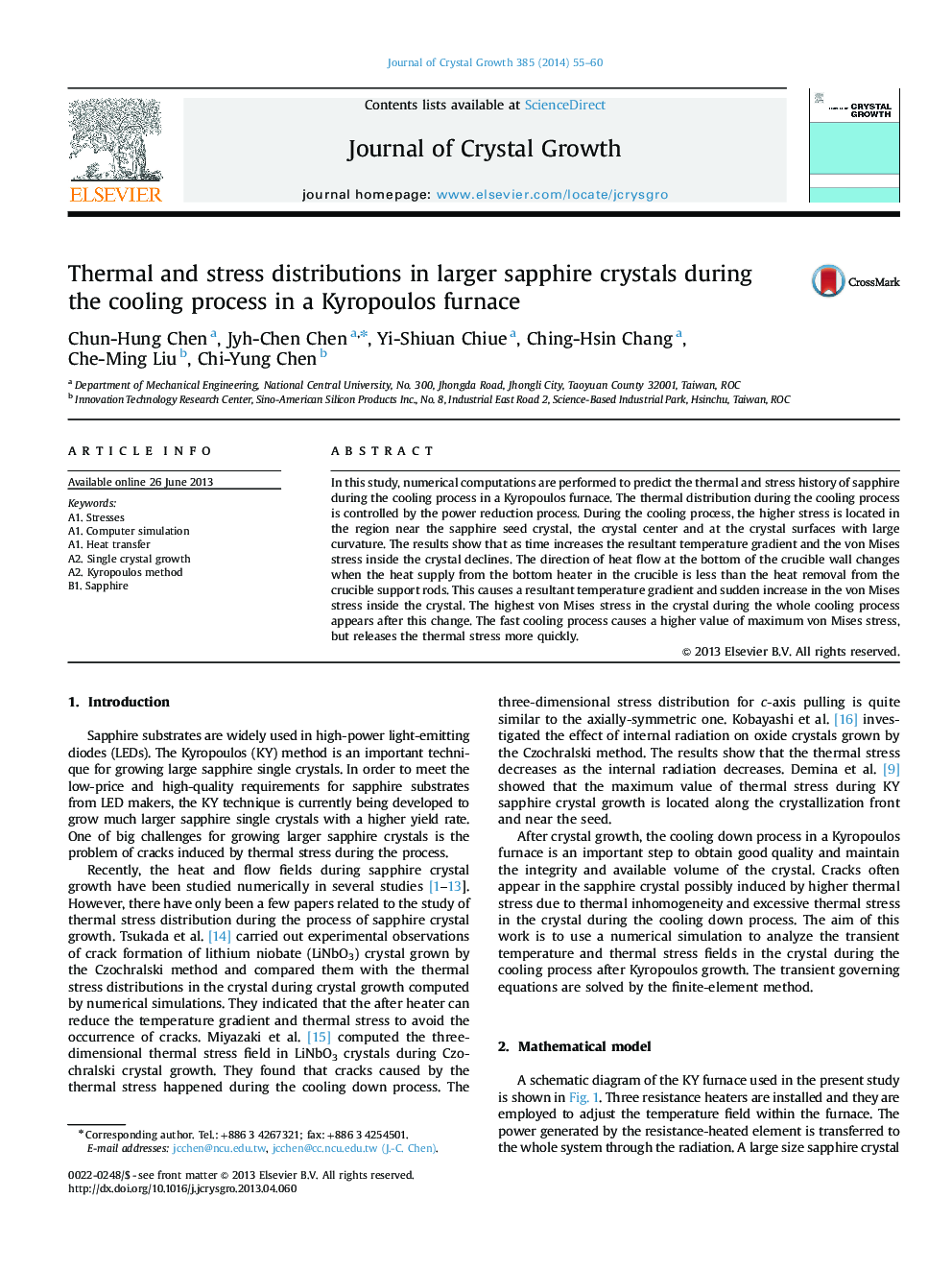 Thermal and stress distributions in larger sapphire crystals during the cooling process in a Kyropoulos furnace