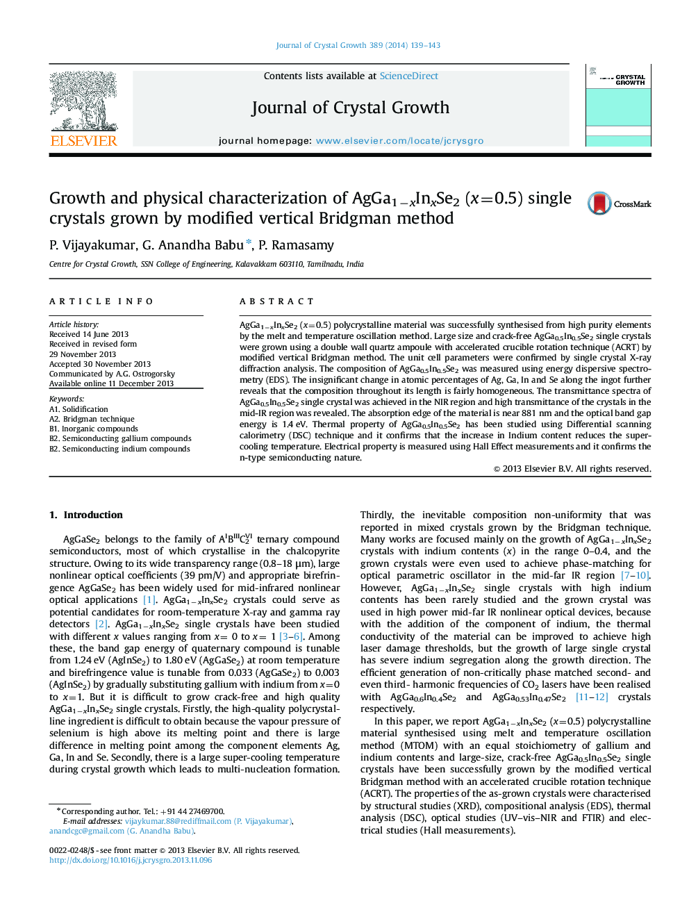 Growth and physical characterization of AgGa1−xInxSe2 (x=0.5) single crystals grown by modified vertical Bridgman method