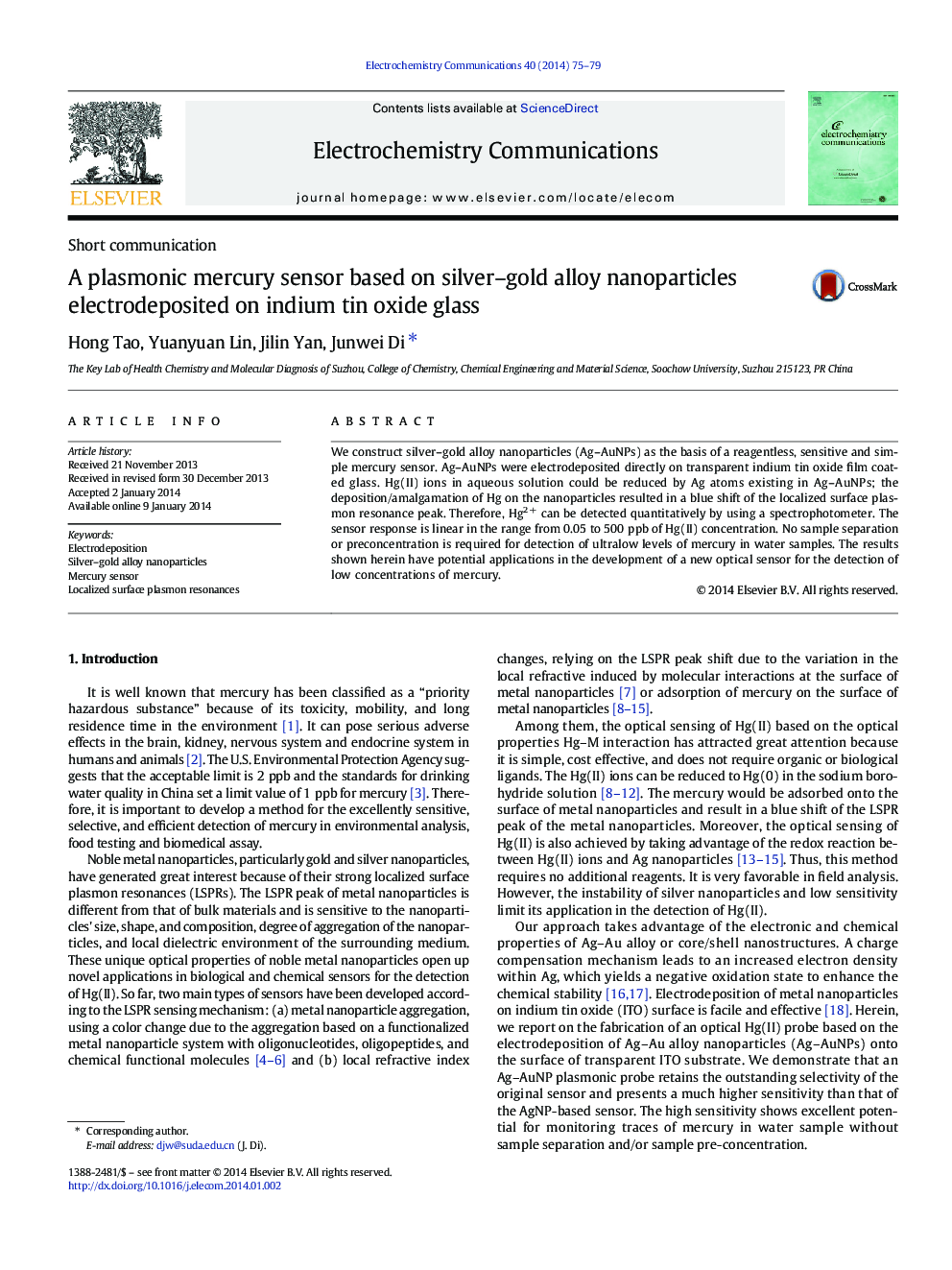 A plasmonic mercury sensor based on silver–gold alloy nanoparticles electrodeposited on indium tin oxide glass