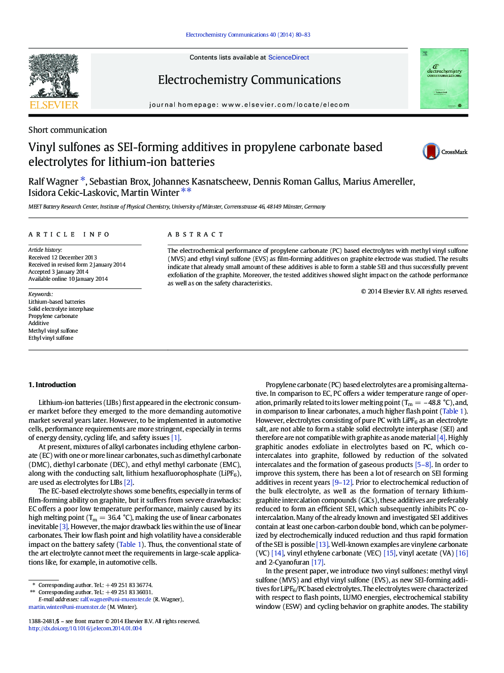 Vinyl sulfones as SEI-forming additives in propylene carbonate based electrolytes for lithium-ion batteries