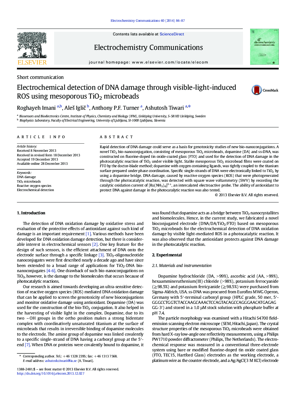 عکس صفحه اول مقاله: Electrochemical detection of DNA damage through visible-light-induced ROS using mesoporous TiO2 microbeads Electrochemical detection of DNA damage through visible-light-induced ROS using mesoporous TiO2 microbeads